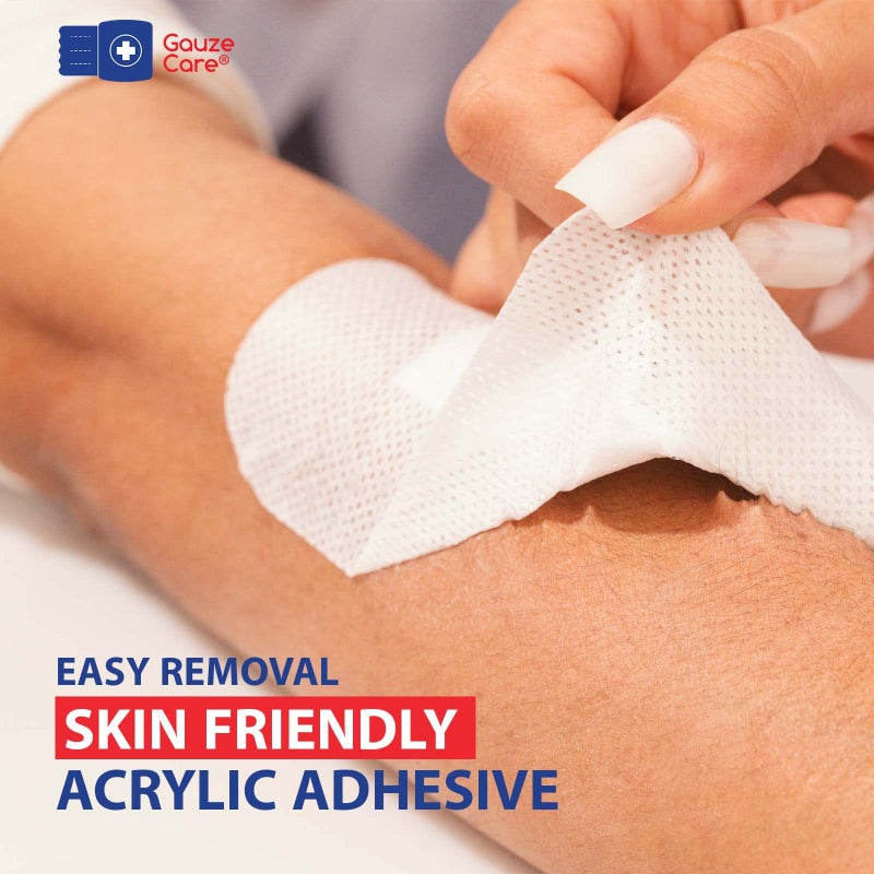 Gauze Care ضمادة غاز كير جزيرة 4x4 بوصة 28 قطعة | أكياس معقمة مغلفة بشكل فردي | وسادة غير لاصقة 2x2 في المنتصف مع حدود لاصقة أكريليكية | لاصقات مقاومة للماء للعناية بالجروح والضمادات - Image 3