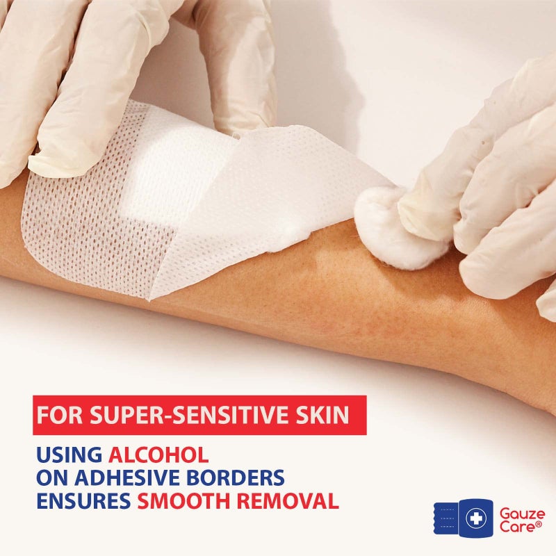 Gauze Care ضمادة غاز كير جزيرة 4x4 بوصة 28 قطعة | أكياس معقمة مغلفة بشكل فردي | وسادة غير لاصقة 2x2 في المنتصف مع حدود لاصقة أكريليكية | لاصقات مقاومة للماء للعناية بالجروح والضمادات - Image 4