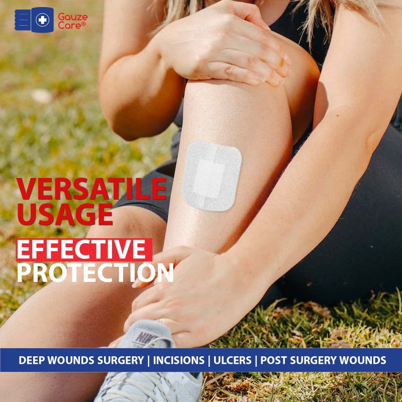 Gauze Care ضمادة غاز كير جزيرة 4x4 بوصة 28 قطعة | أكياس معقمة مغلفة بشكل فردي | وسادة غير لاصقة 2x2 في المنتصف مع حدود لاصقة أكريليكية | لاصقات مقاومة للماء للعناية بالجروح والضمادات - Image 5