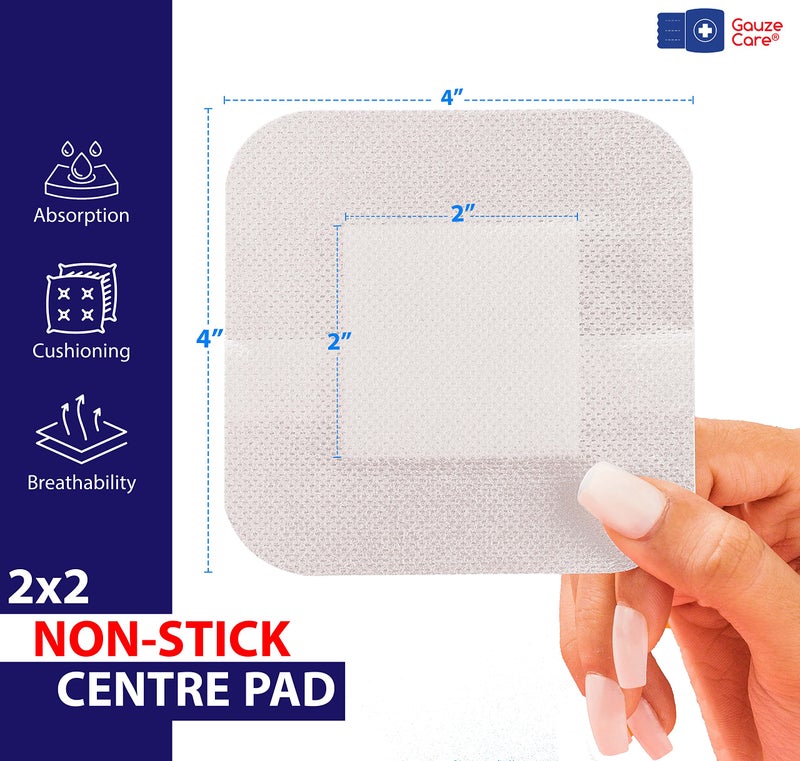 Gauze Care ضمادة غاز كير جزيرة 4x4 بوصة 28 قطعة | أكياس معقمة مغلفة بشكل فردي | وسادة غير لاصقة 2x2 في المنتصف مع حدود لاصقة أكريليكية | لاصقات مقاومة للماء للعناية بالجروح والضمادات - Image 2