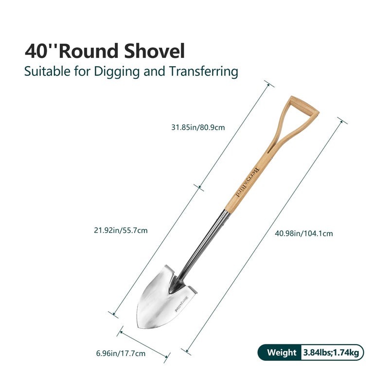 Berry&Bird Round Point Gardening Shovel with Wood D-Handle, 40.98" Stainless Steel Beach & Snow Shovel - Image 2