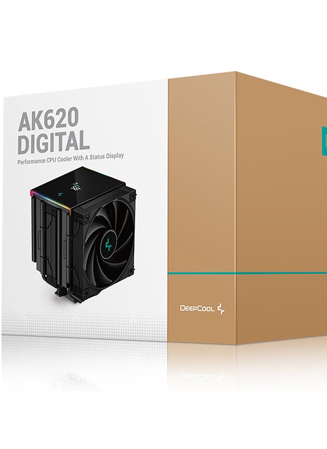 DEEPCOOL - AK620 Digital Zero Dark Performance CPU Cooler with Real-Time Status Display, Dual Tower Design, 6 Heat Pipes, 2 x 120mm PWM Fans, ARGB Lighting, Compatible with Intel & AMD, 1850 RPM, 28 dBA Noise Level, USB 2.0 Header, Black | R-AK620-BKADMN-G - Image 1