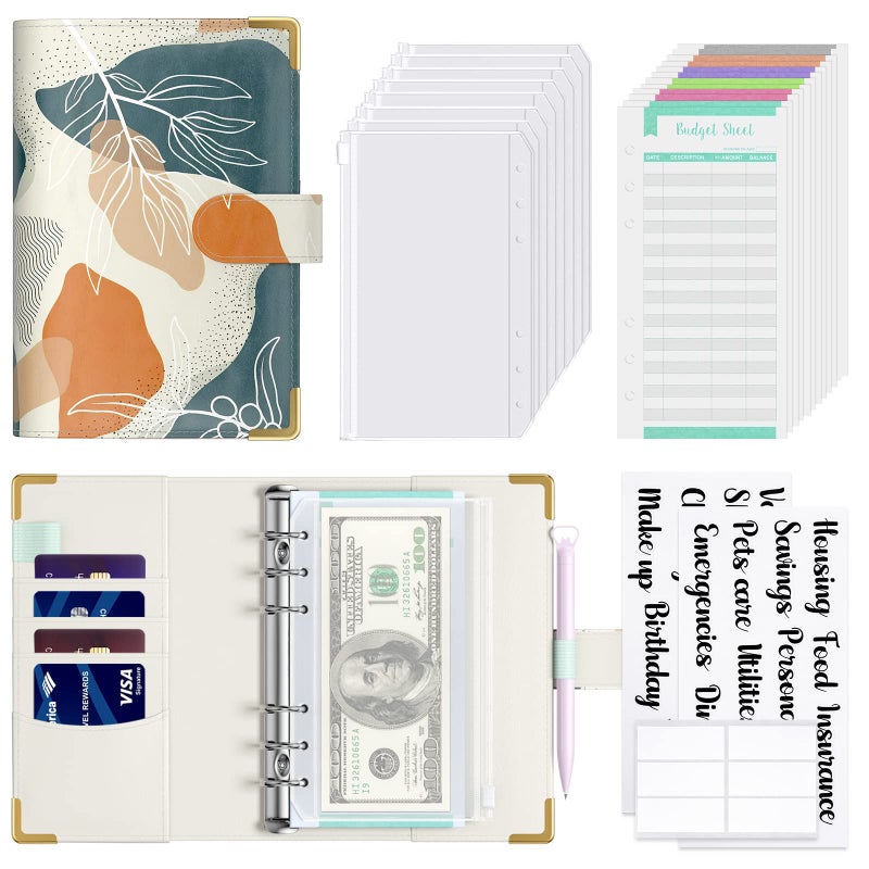 Rnivvi Budget Binder with Zipper Envelopes, A6 Money Saving Binder Cash Envelopes for Budgeting, PU Leather Planner Money Organizer for Cash Bills, Cute Boho System Wallet for Women, Abstract Leaves - Image 1