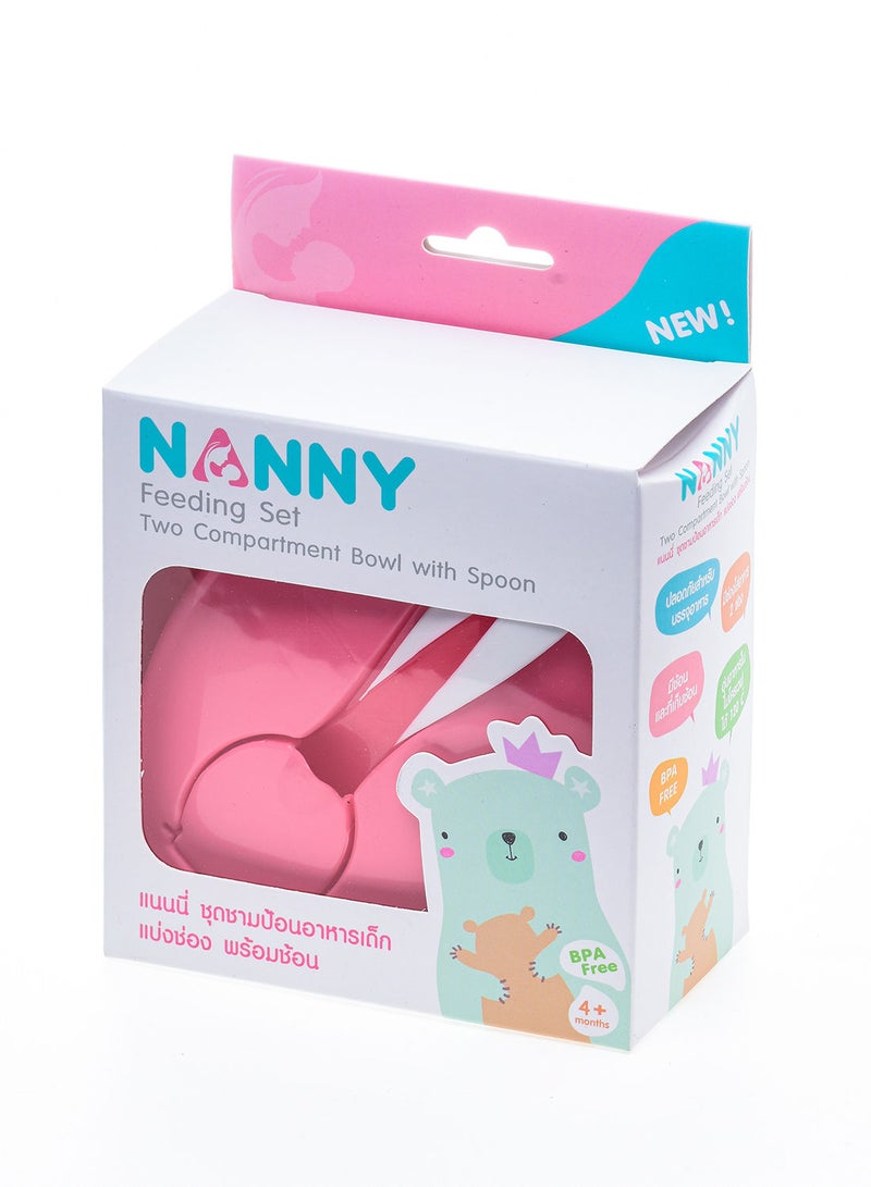 Nanny two compartment feeding bowl with spoon pink - Image 1
