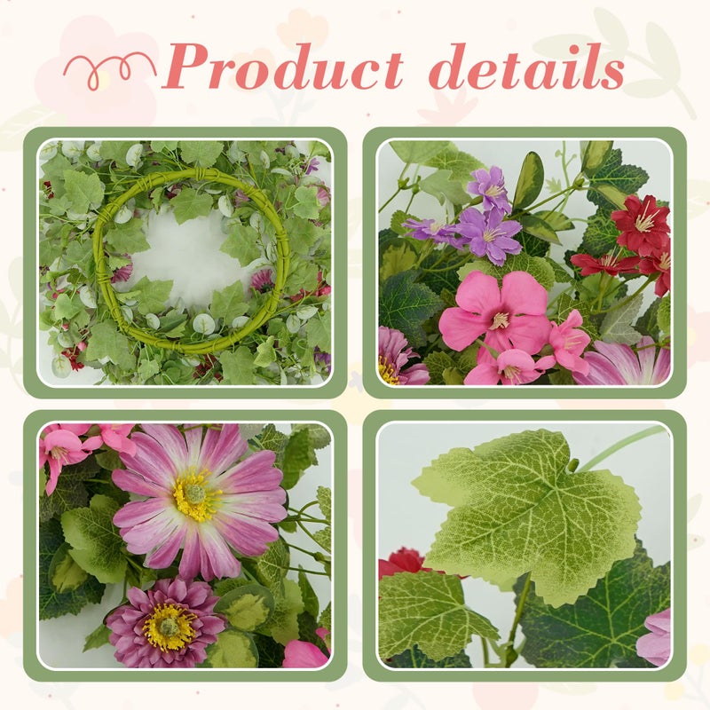 YNYLCHMX 18" Spring Summer Wreaths for Front Door, Artificial Floral Wreath with Pink Daisy & Green Eucalyptus Leaves, Green Foliage Wreath for Wall Window Farmhouse Party Holiday Home Decor - Image 4
