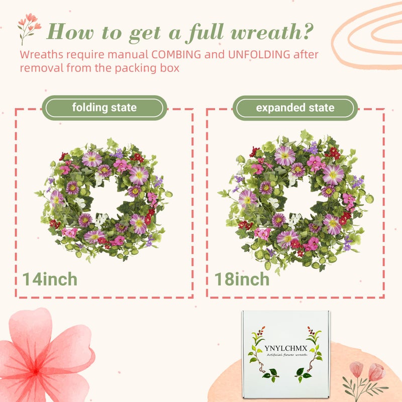 YNYLCHMX 18" Spring Summer Wreaths for Front Door, Artificial Floral Wreath with Pink Daisy & Green Eucalyptus Leaves, Green Foliage Wreath for Wall Window Farmhouse Party Holiday Home Decor - Image 3