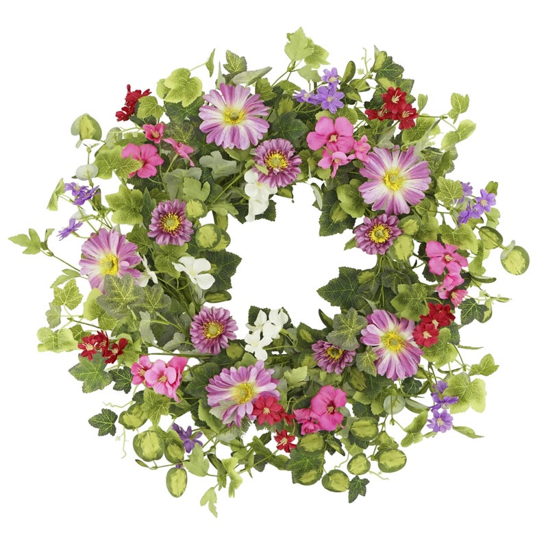 YNYLCHMX 18" Spring Summer Wreaths for Front Door, Artificial Floral Wreath with Pink Daisy & Green Eucalyptus Leaves, Green Foliage Wreath for Wall Window Farmhouse Party Holiday Home Decor - Image 1