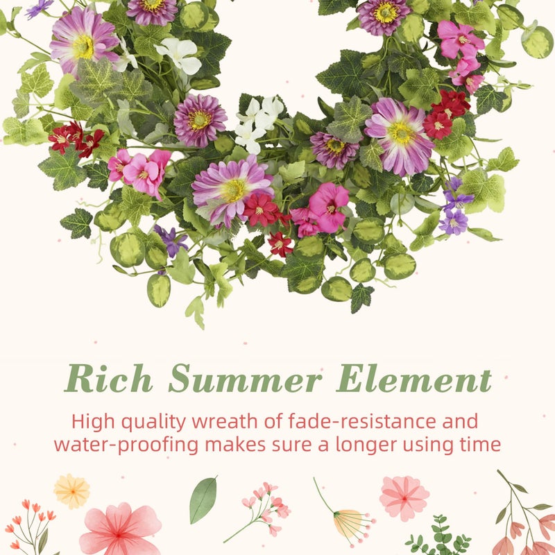 YNYLCHMX 18" Spring Summer Wreaths for Front Door, Artificial Floral Wreath with Pink Daisy & Green Eucalyptus Leaves, Green Foliage Wreath for Wall Window Farmhouse Party Holiday Home Decor - Image 5