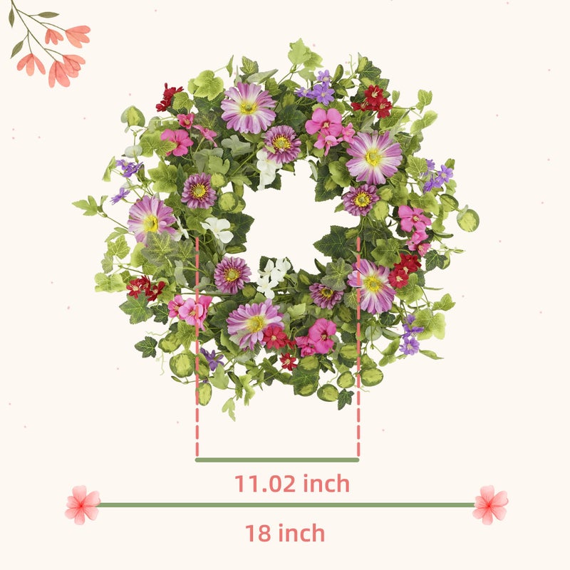 YNYLCHMX 18" Spring Summer Wreaths for Front Door, Artificial Floral Wreath with Pink Daisy & Green Eucalyptus Leaves, Green Foliage Wreath for Wall Window Farmhouse Party Holiday Home Decor - Image 2