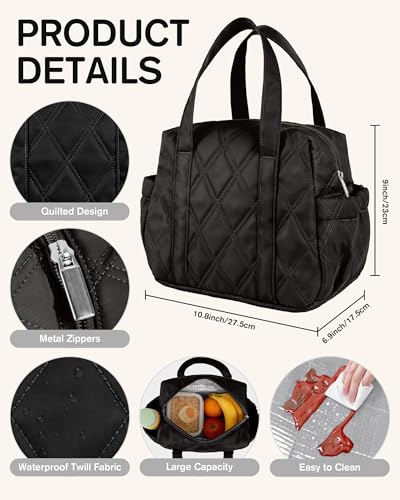 Easozoom Quilted Puffer Lunch Bag for Women, Leakproof Lunch Box for Adult Girls, Large Capacity Reusable Lunch Box for Work School Picnic Travel (Black) - Image 2