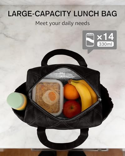 Easozoom Quilted Puffer Lunch Bag for Women, Leakproof Lunch Box for Adult Girls, Large Capacity Reusable Lunch Box for Work School Picnic Travel (Black) - Image 4