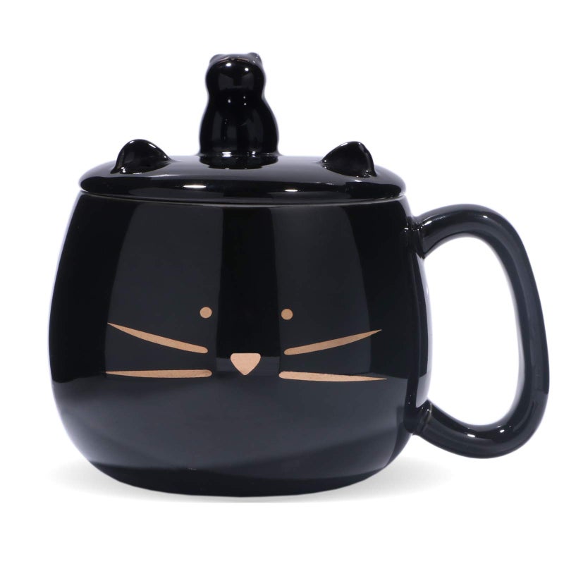 Koolkatkoo Cute Cat Coffee Mug With Cell Phone Holder Lid  Unique Ceramic Tea Porcelain Cup for Cat Lovers  Gold Black Gift for Women