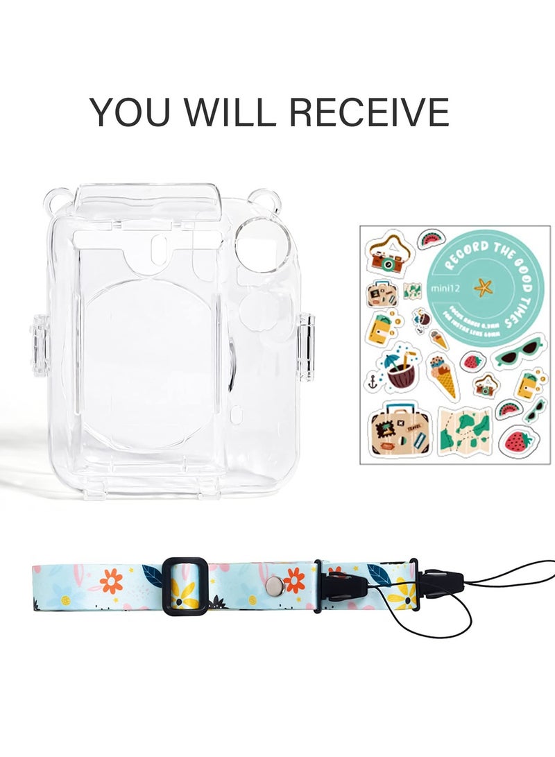 Stylish Clear Case for Fujifilm Instax Mini 12 / Polaroid Mini 12 Instant Camera, Featuring Back Photo Pocket, Shoulder Strap, and Decorative Stickers.  - Image 2