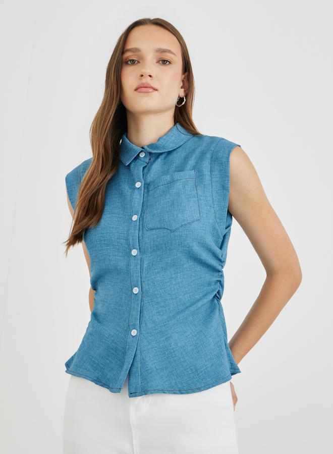 Styli Solid Spread Collar Buttoned Sleeveless Shirt - Image 1