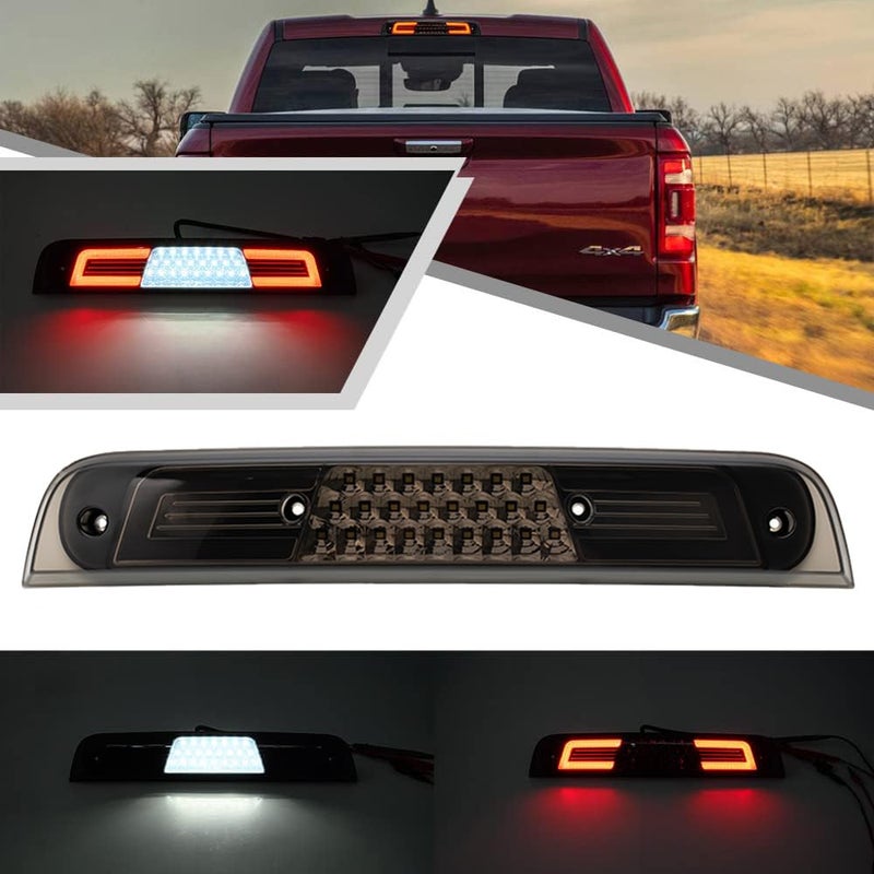 Red LED Third Brake Light for Dodge Ram 1500 2019 2020 2021 2022 2023 2024 3rd Red Brake Lights Rear Center High Mount Stop Lamp White Roof Cargo Lights Smoked LensNot for classic models