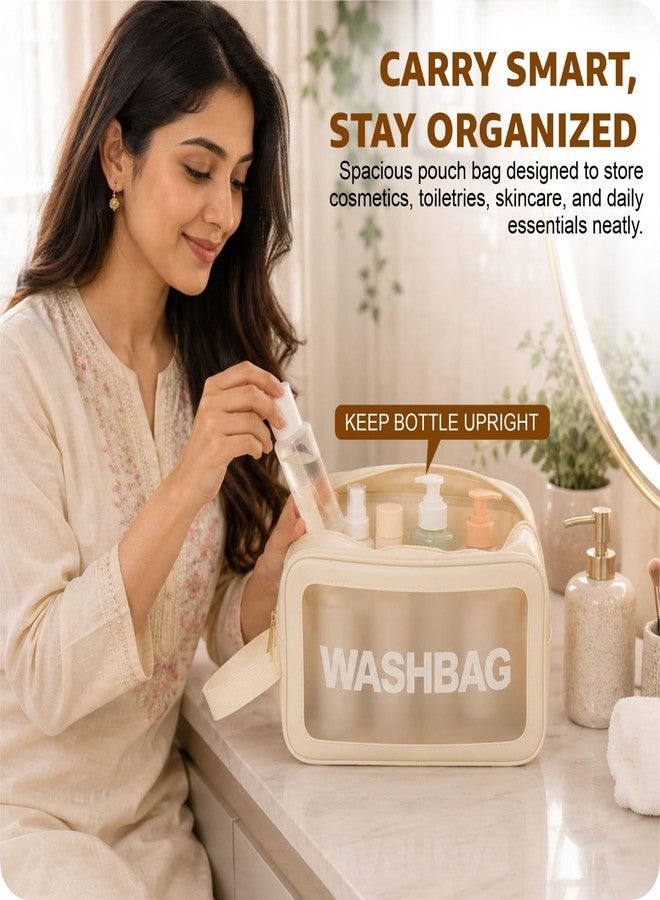 FLYNGO Clear Makeup Pouch Set, Cosmetic Organizer Bag for Women and Girls Travel Waterproof Toiletry Storage Kit (Set of 3 Beige) - Image 2