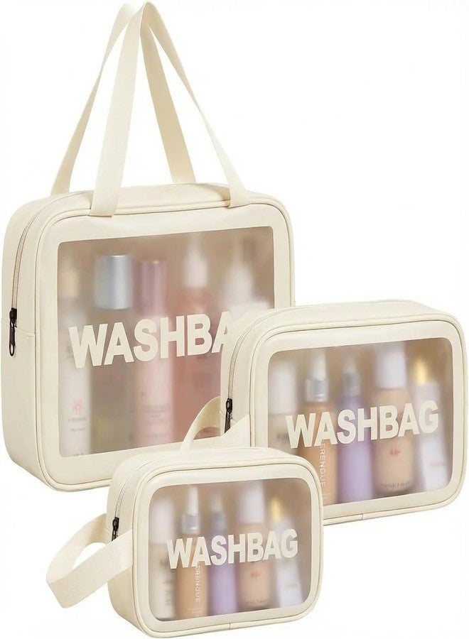 FLYNGO Clear Makeup Pouch Set, Cosmetic Organizer Bag for Women and Girls Travel Waterproof Toiletry Storage Kit (Set of 3 Beige) - Image 1