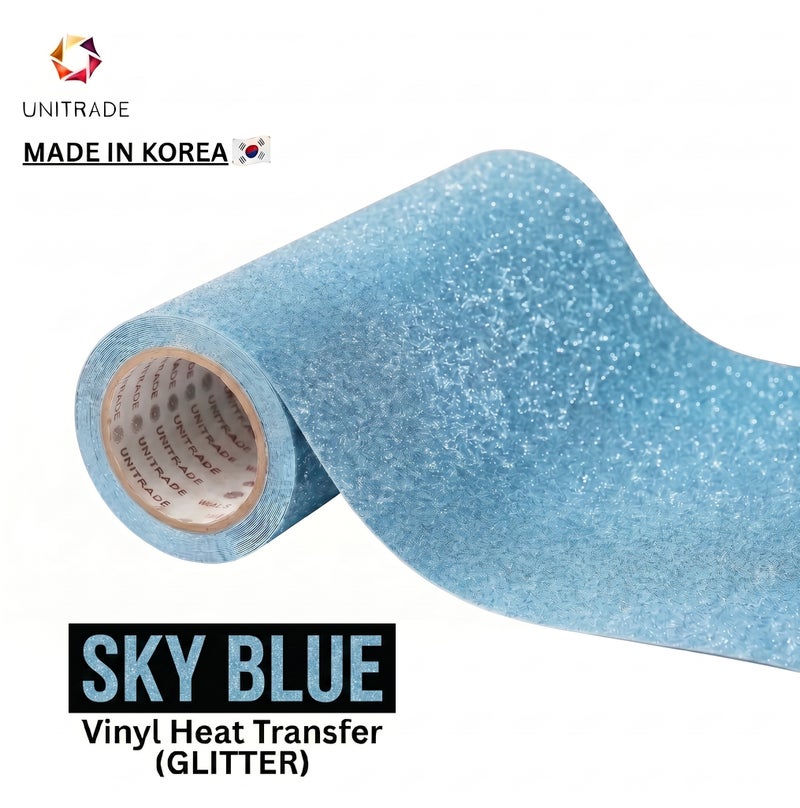 UNITRADE® Glitter Sky Blue Heat Transfer Vinyl Roll / Compatible with Cricut, Silhouette, Professional Cutters / CPSIA Certified / Made in Korea - Image 1