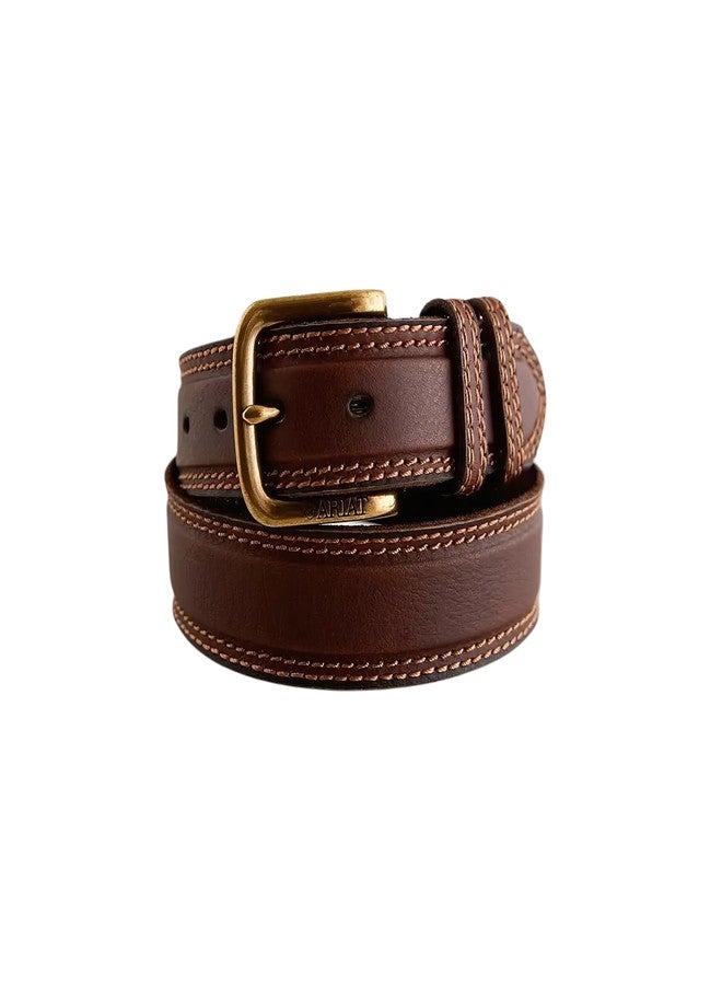 ARIAT Men's Contrast-Stitched Leather Belt with Antique Brass Buckle, Brown, 34 - Image 1