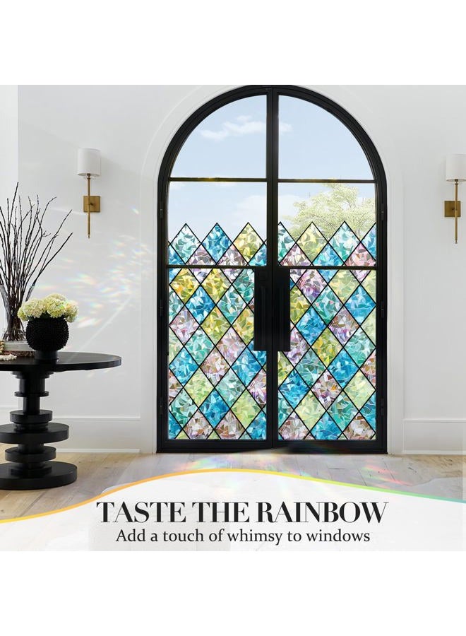 Coavas Window Privacy Film Stained Glass Window Clings 3D Rainbow Film for Glass Door Decorative Colorful Lattice Stickers Static Cling Sun Blocking Coverings for Home, 17.5 x 118.1 inch - Image 3