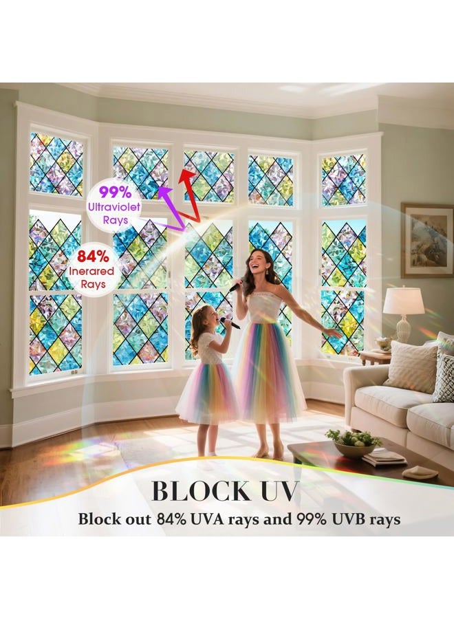 Coavas Window Privacy Film Stained Glass Window Clings 3D Rainbow Film for Glass Door Decorative Colorful Lattice Stickers Static Cling Sun Blocking Coverings for Home, 17.5 x 118.1 inch - Image 4