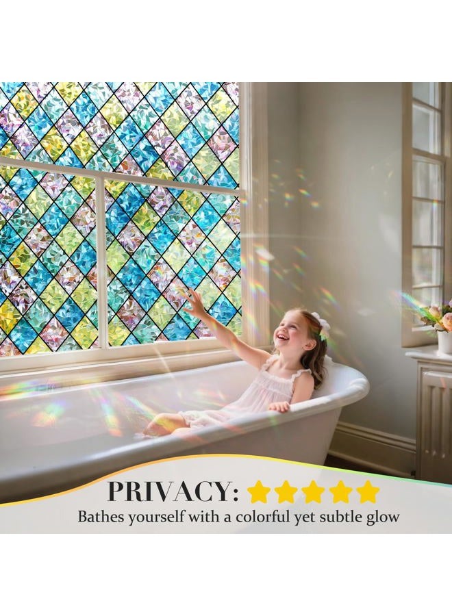Coavas Window Privacy Film Stained Glass Window Clings 3D Rainbow Film for Glass Door Decorative Colorful Lattice Stickers Static Cling Sun Blocking Coverings for Home, 17.5 x 118.1 inch - Image 2
