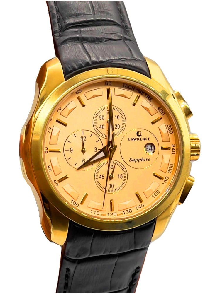 LAWRENCE - Lawrence Sapphire LR 626G Men's Analog Round Shape Gold Dial Wrist Watch with Metal Body and Leather Strap - Image 1