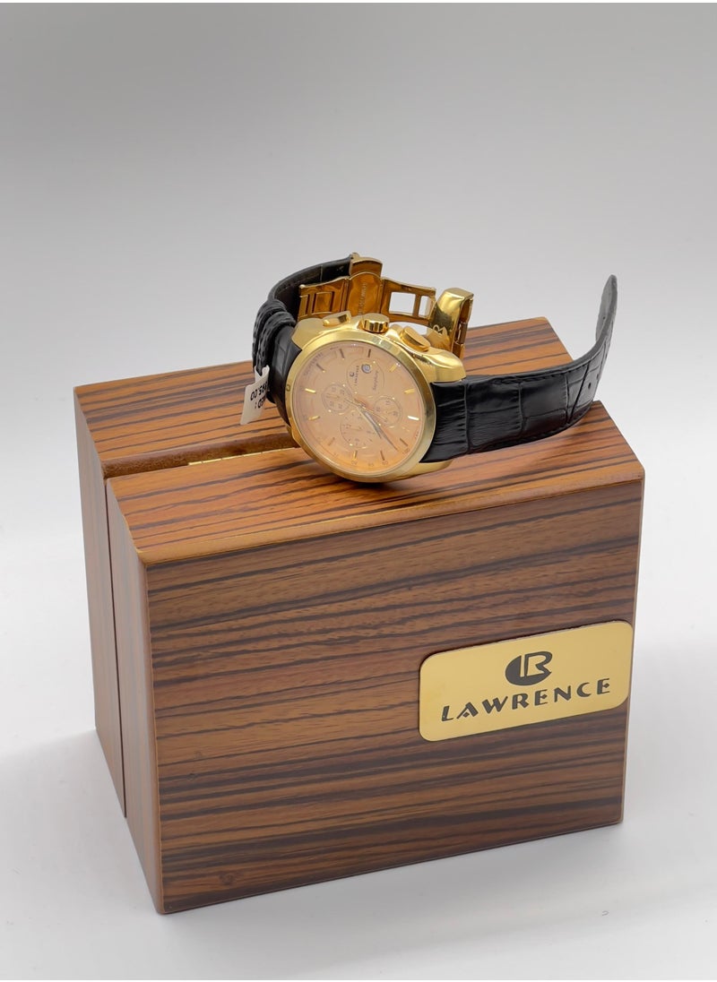 LAWRENCE - Lawrence Sapphire LR 626G Men's Analog Round Shape Gold Dial Wrist Watch with Metal Body and Leather Strap - Image 1