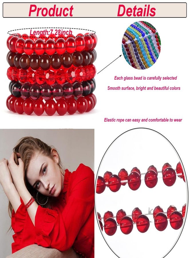CASDAN 5 Pcs 8mm Beaded Stretch Bracelet Handmade Glass Bracelet for Women Men Colorful Crystal Beads Bracelet Elastic Round Bead Bracelets Jewelry(Red) - Image 5