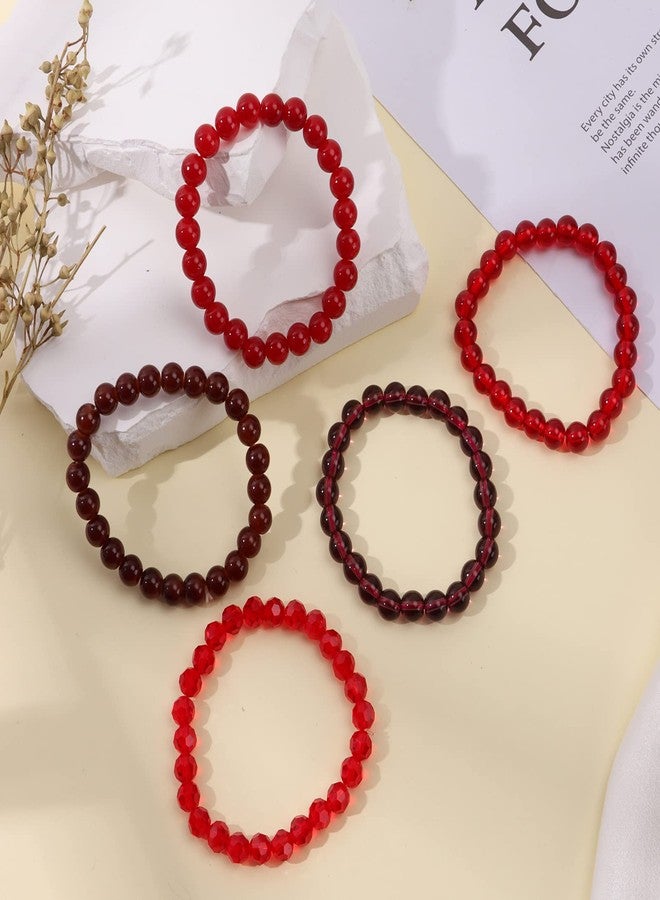 CASDAN 5 Pcs 8mm Beaded Stretch Bracelet Handmade Glass Bracelet for Women Men Colorful Crystal Beads Bracelet Elastic Round Bead Bracelets Jewelry(Red) - Image 4