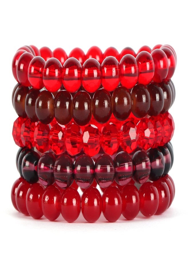 CASDAN 5 Pcs 8mm Beaded Stretch Bracelet Handmade Glass Bracelet for Women Men Colorful Crystal Beads Bracelet Elastic Round Bead Bracelets Jewelry(Red) - Image 1