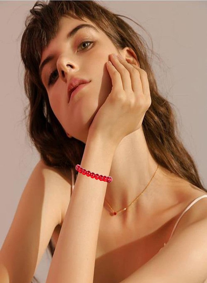 CASDAN 5 Pcs 8mm Beaded Stretch Bracelet Handmade Glass Bracelet for Women Men Colorful Crystal Beads Bracelet Elastic Round Bead Bracelets Jewelry(Red) - Image 3