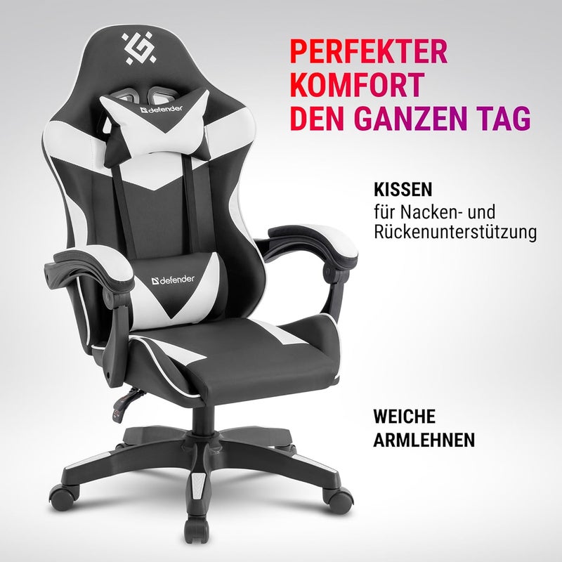 Defender Urana Gaming Chair - Ergonomic Gamer Chair - Faux Leather - 135° Backrest - Neck & Lumbar Cushion - Up to 120 kg - Black White - Image 3