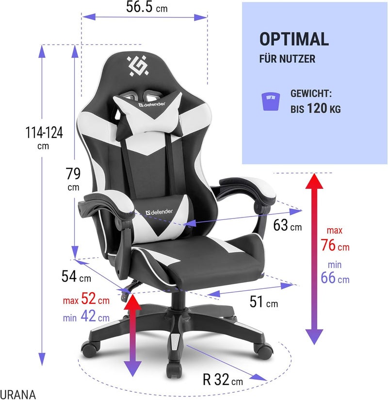 Defender Urana Gaming Chair - Ergonomic Gamer Chair - Faux Leather - 135° Backrest - Neck & Lumbar Cushion - Up to 120 kg - Black White - Image 2