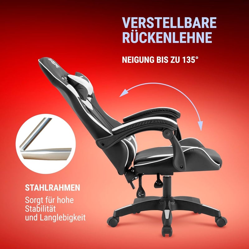 Defender Urana Gaming Chair - Ergonomic Gamer Chair - Faux Leather - 135° Backrest - Neck & Lumbar Cushion - Up to 120 kg - Black White - Image 4