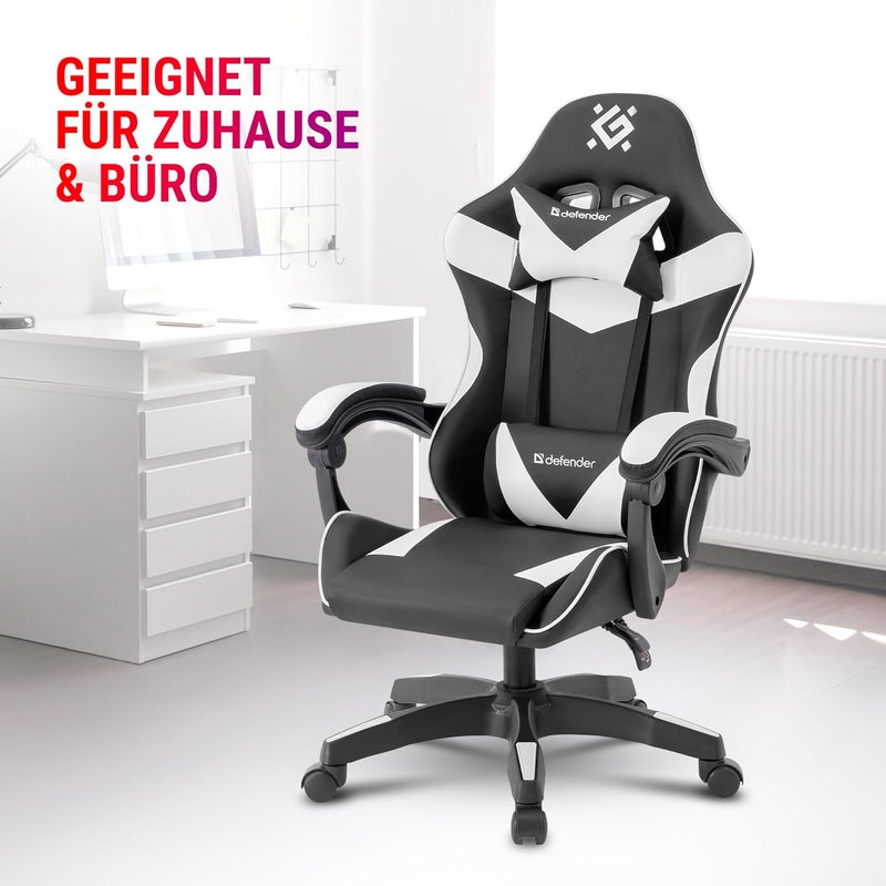 Defender Urana Gaming Chair - Ergonomic Gamer Chair - Faux Leather - 135° Backrest - Neck & Lumbar Cushion - Up to 120 kg - Black White - Image 5