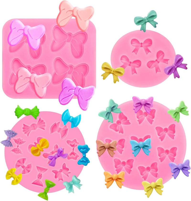 Roxjaejae 4 Pcs Bow Silicone Mold Fondant Bow Mold Chocolate Candy Cake Pop Molds Bow Molds for Cake Decoration, Fondant, Clay, DIY Desserts - Image 1