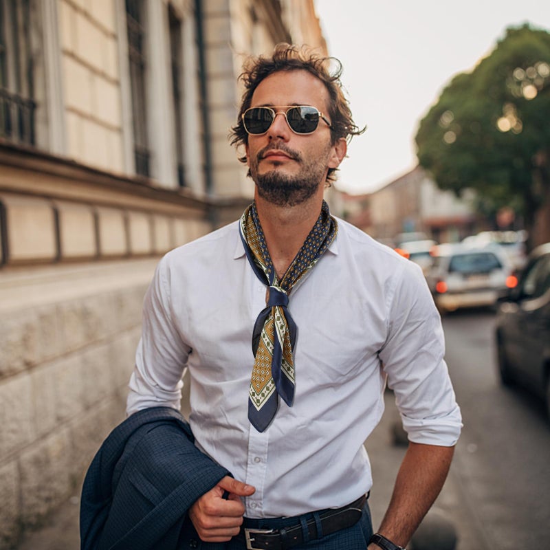 GERINLY Silk Square Neck Scarf for Men Vintage Kerchief Classic Grid Cravat Elegant Gentleman Neckerchief for Costume (Navy) - Image 3
