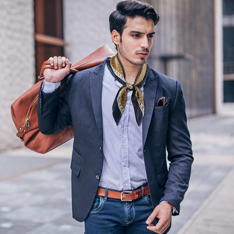GERINLY Silk Square Neck Scarf for Men Vintage Kerchief Classic Grid Cravat Elegant Gentleman Neckerchief for Costume (Navy) - Image 4