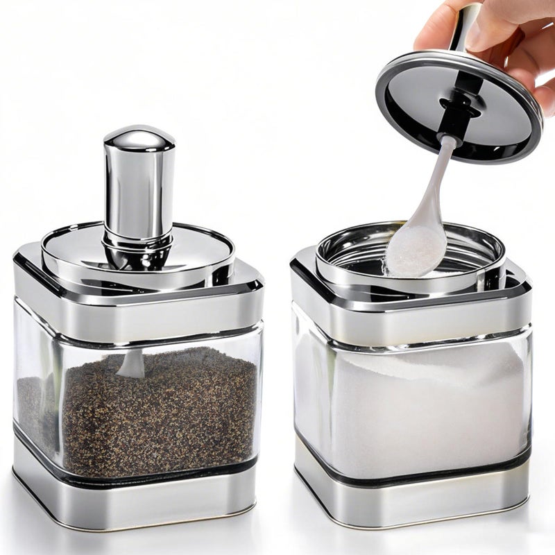 Mezchi 2 Pack Glass Condiment Pot, 12 Ounce Spice Jars with Spoon, Seasoning Box Set Salt Container, Sugar Dispense, Kitchen Containers for Flour and Sugar (Silver) - Image 1