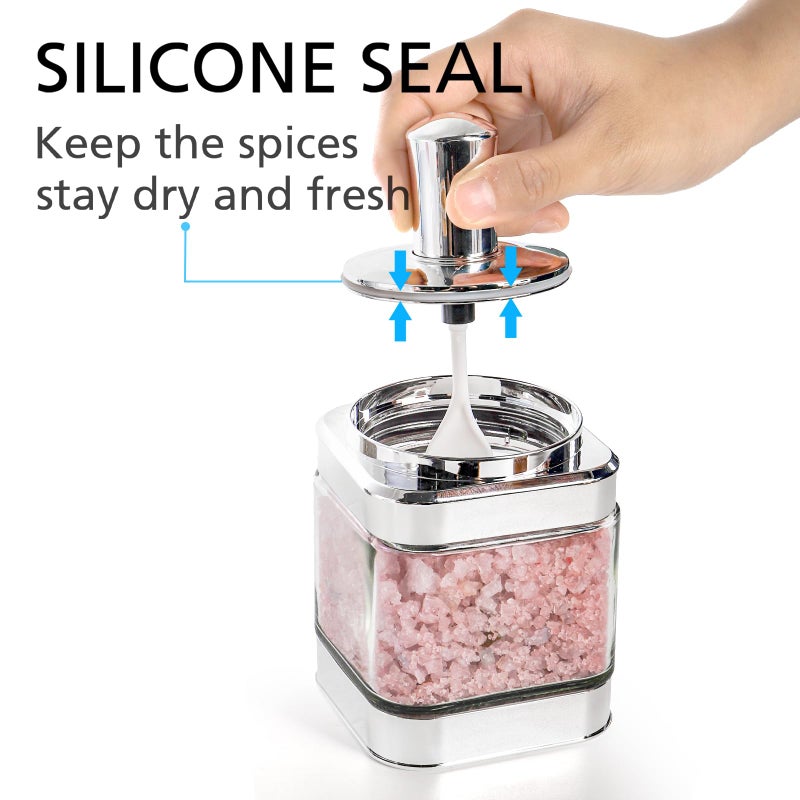 Mezchi 2 Pack Glass Condiment Pot, 12 Ounce Spice Jars with Spoon, Seasoning Box Set Salt Container, Sugar Dispense, Kitchen Containers for Flour and Sugar (Silver) - Image 3