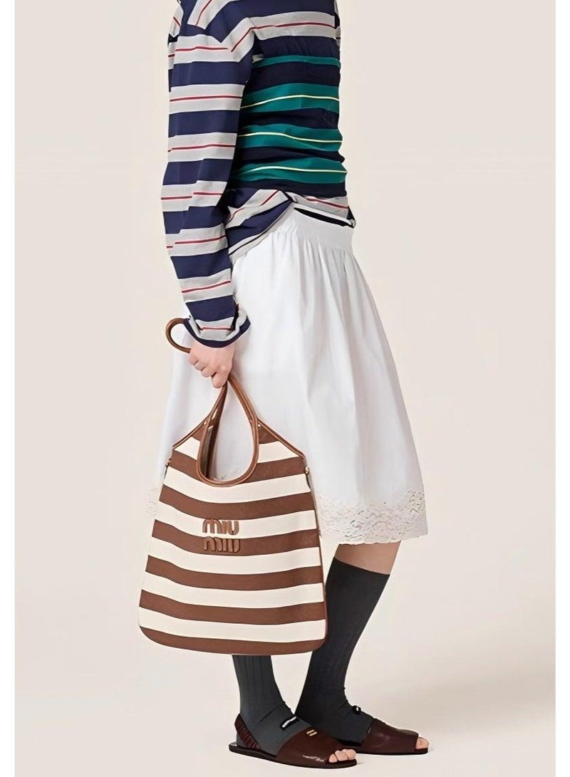 Miu Miu MIU Ivy canvas handbag shoulder bag, women's striped tote bag, simple large-capacity handbag - Image 5