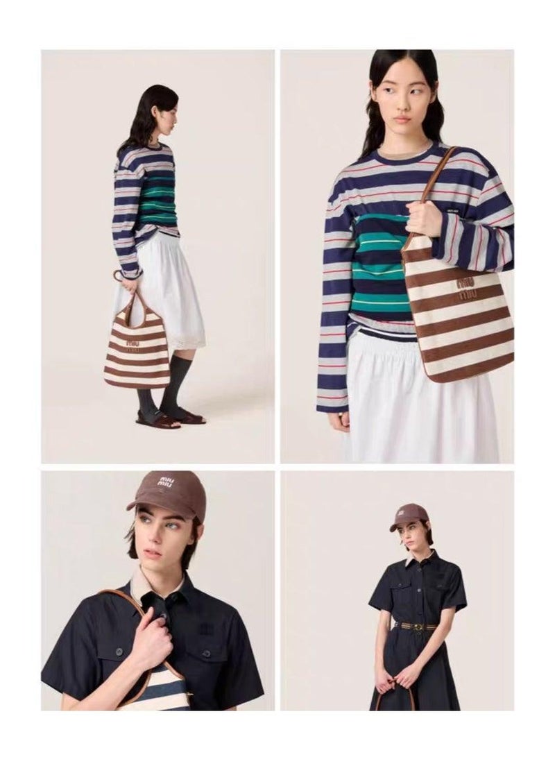 Miu Miu MIU Ivy canvas handbag shoulder bag, women's striped tote bag, simple large-capacity handbag - Image 3