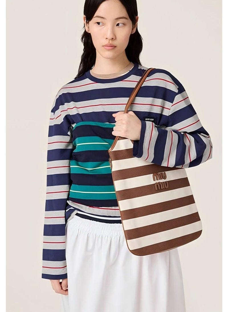 Miu Miu MIU Ivy canvas handbag shoulder bag, women's striped tote bag, simple large-capacity handbag - Image 4