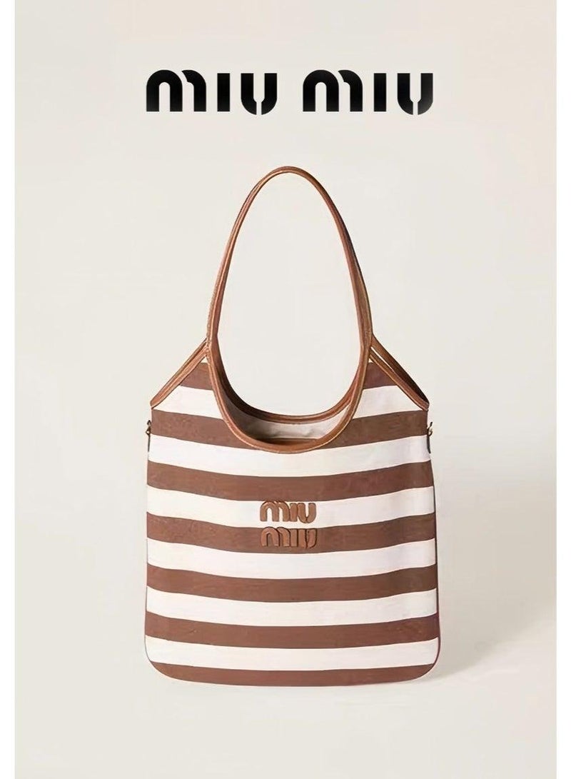 Miu Miu MIU Ivy canvas handbag shoulder bag, women's striped tote bag, simple large-capacity handbag - Image 1