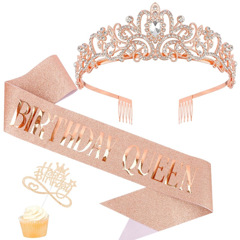 AOPRIE Birthday Queen Sash Tiara  Crowns for Women Birthday Headbands for Girls Birthday Cake Topper Rhinestone Happy Birthday Accessories Favor Supllies Rose Gold Pink 3 Pack