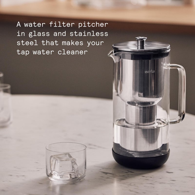 Aarke Purifier - Premium Glass and Stainless Steel Water Filter Pitcher, Refillable Filter System and Granules, 2.4L Pitcher with 1.18L Filtration Capacity - Image 2