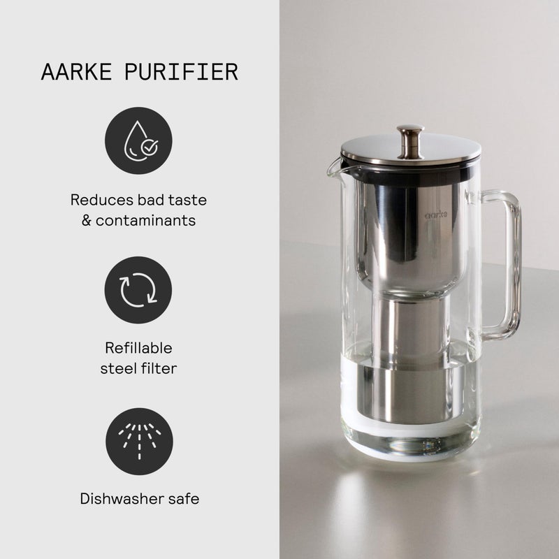 Aarke Purifier - Premium Glass and Stainless Steel Water Filter Pitcher, Refillable Filter System and Granules, 2.4L Pitcher with 1.18L Filtration Capacity - Image 4