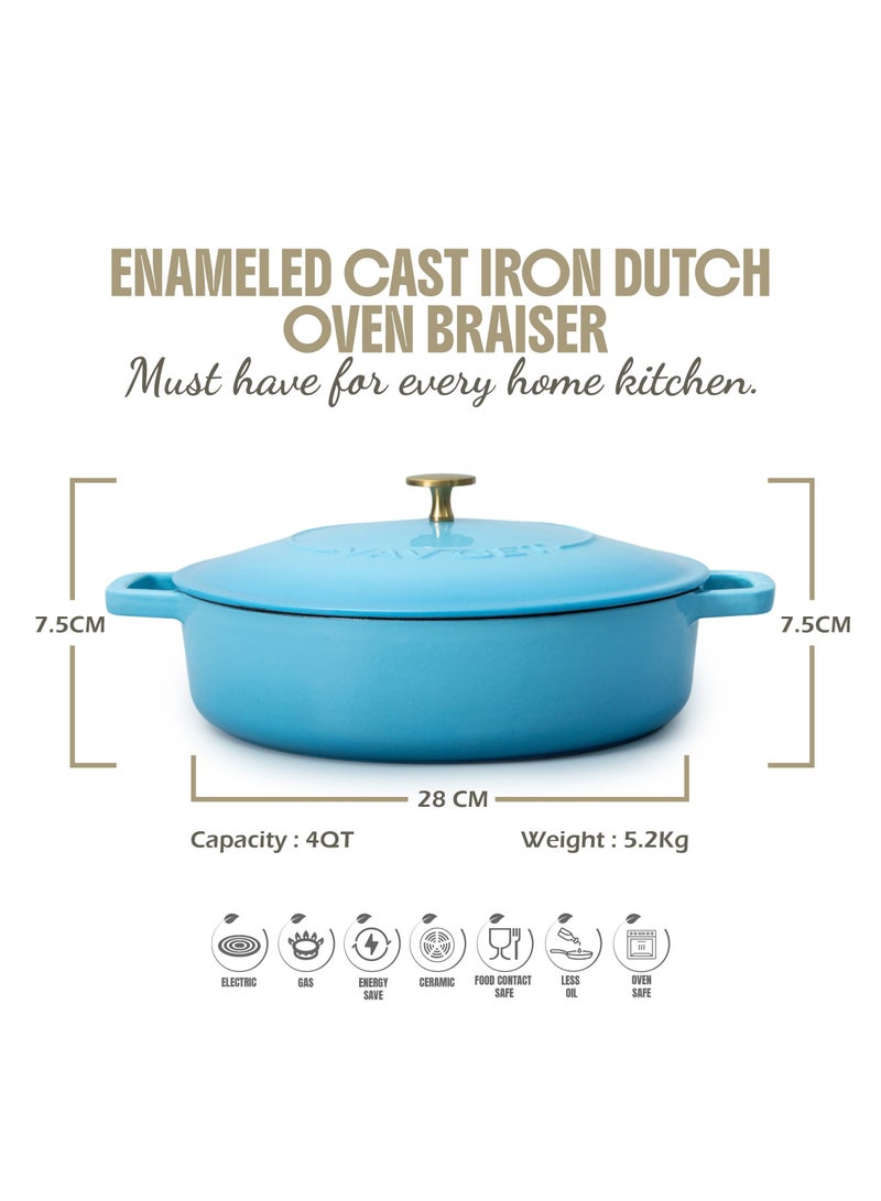 VAV Healthy and Safe, Non-Stick Cookware, Enameled Cast Iron Dutch Oven Braiser Pan, 28cm / 3.79L – Teal  - Image 2