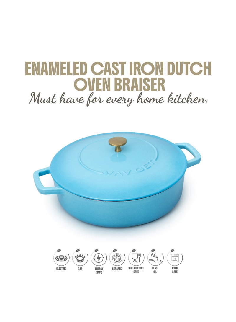 VAV Healthy and Safe, Non-Stick Cookware, Enameled Cast Iron Dutch Oven Braiser Pan, 28cm / 3.79L – Teal  - Image 1